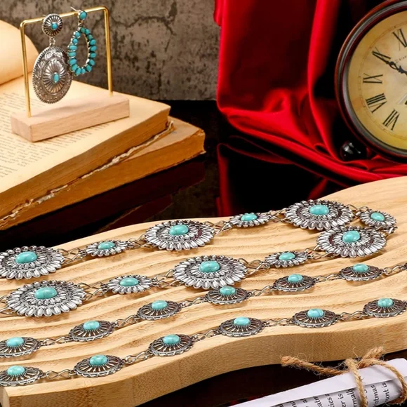 2 Concho Chain Belts with 2 sets of Bohemian Dangle Metal Large Oval earrings Abby Turquoise Western Chain Belt – The Bevel Label main image 2